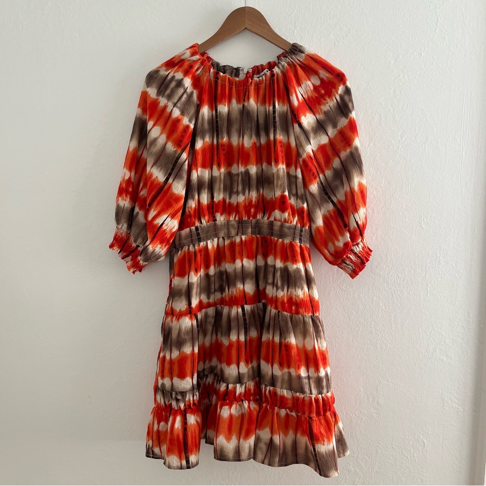 Yakira Bella Dress Tiered Ruffle Hem Size S Orange Tie Dye Boho Balloon Sleeve